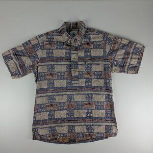 Kahala Hawaiian Shirt Size S Blue Tribal Geometric Vintage Made in Hawaii USA.